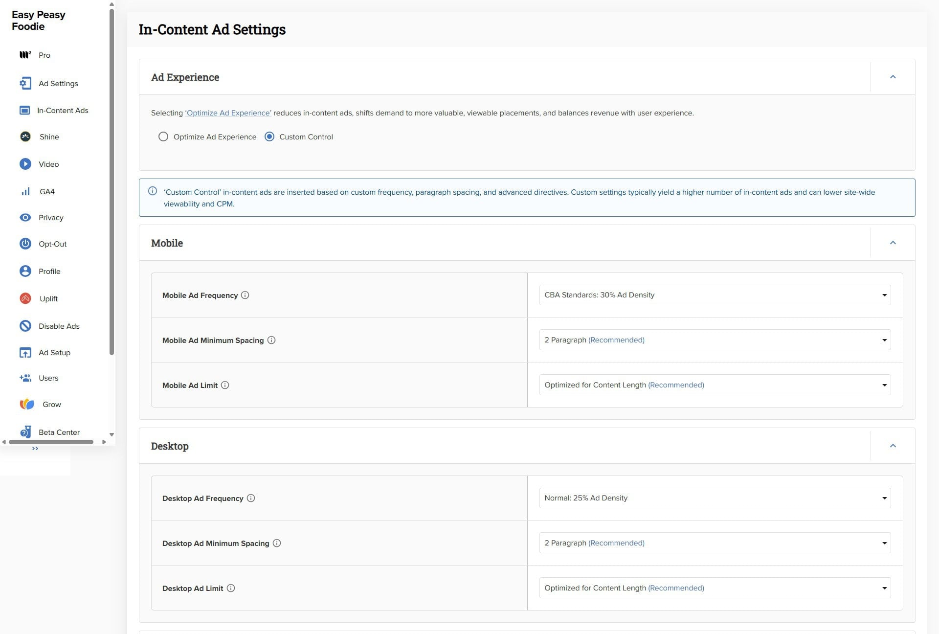 Mediavine Settings In Content Ads