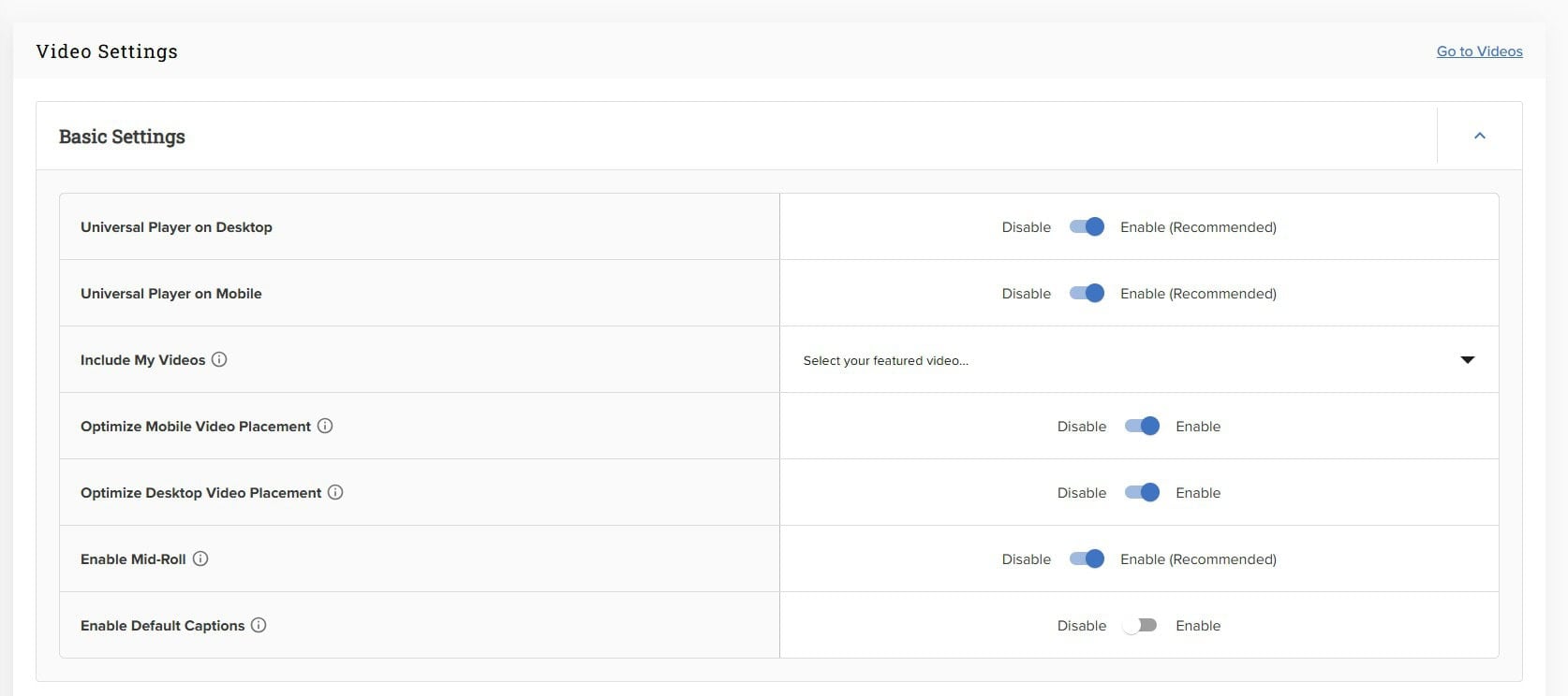 Mediavine Video Settings