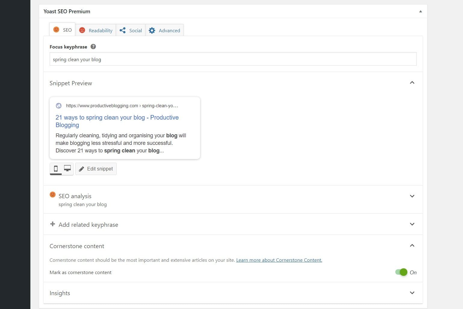 Yoast SEO Cornerstone Content Analysis